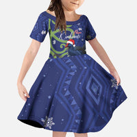 Personalized New Zealand Pukeko Christmas Family Matching Mermaid Dress and Hawaiian Shirt Meri Kirihimete Taniko Ponga Koru Blue LT14 Daughter's Dress Blue - Polynesian Pride
