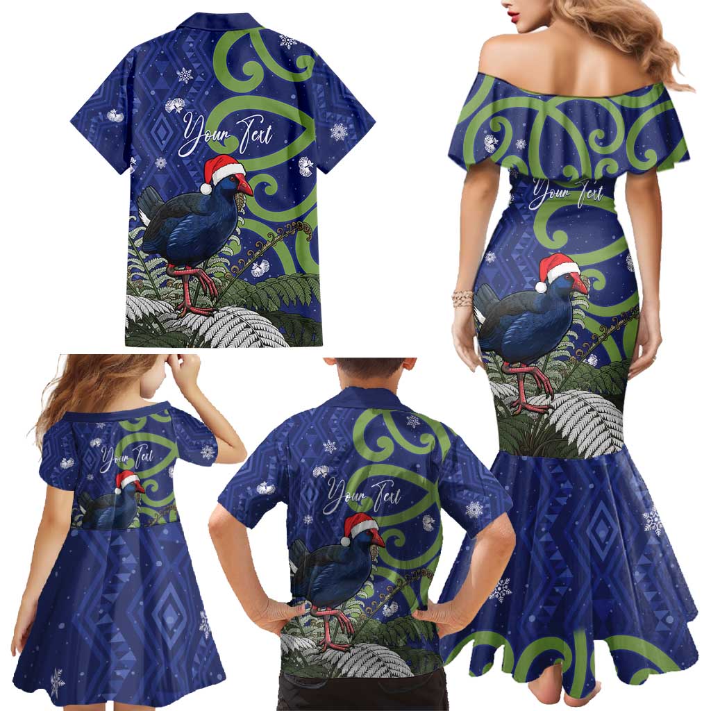 Personalized New Zealand Pukeko Christmas Family Matching Mermaid Dress and Hawaiian Shirt Meri Kirihimete Taniko Ponga Koru Blue LT14 - Polynesian Pride