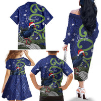 Personalized New Zealand Pukeko Christmas Family Matching Off The Shoulder Long Sleeve Dress and Hawaiian Shirt Meri Kirihimete Taniko Ponga Koru Blue - Polynesian Pride