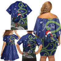 Personalized New Zealand Pukeko Christmas Family Matching Off Shoulder Short Dress and Hawaiian Shirt Meri Kirihimete Taniko Ponga Koru Blue - Polynesian Pride