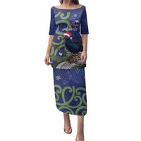 Personalized New Zealand Pukeko Christmas Family Matching Puletasi and Hawaiian Shirt Meri Kirihimete Taniko Ponga Koru Blue LT14 Mom's Dress Blue - Polynesian Pride