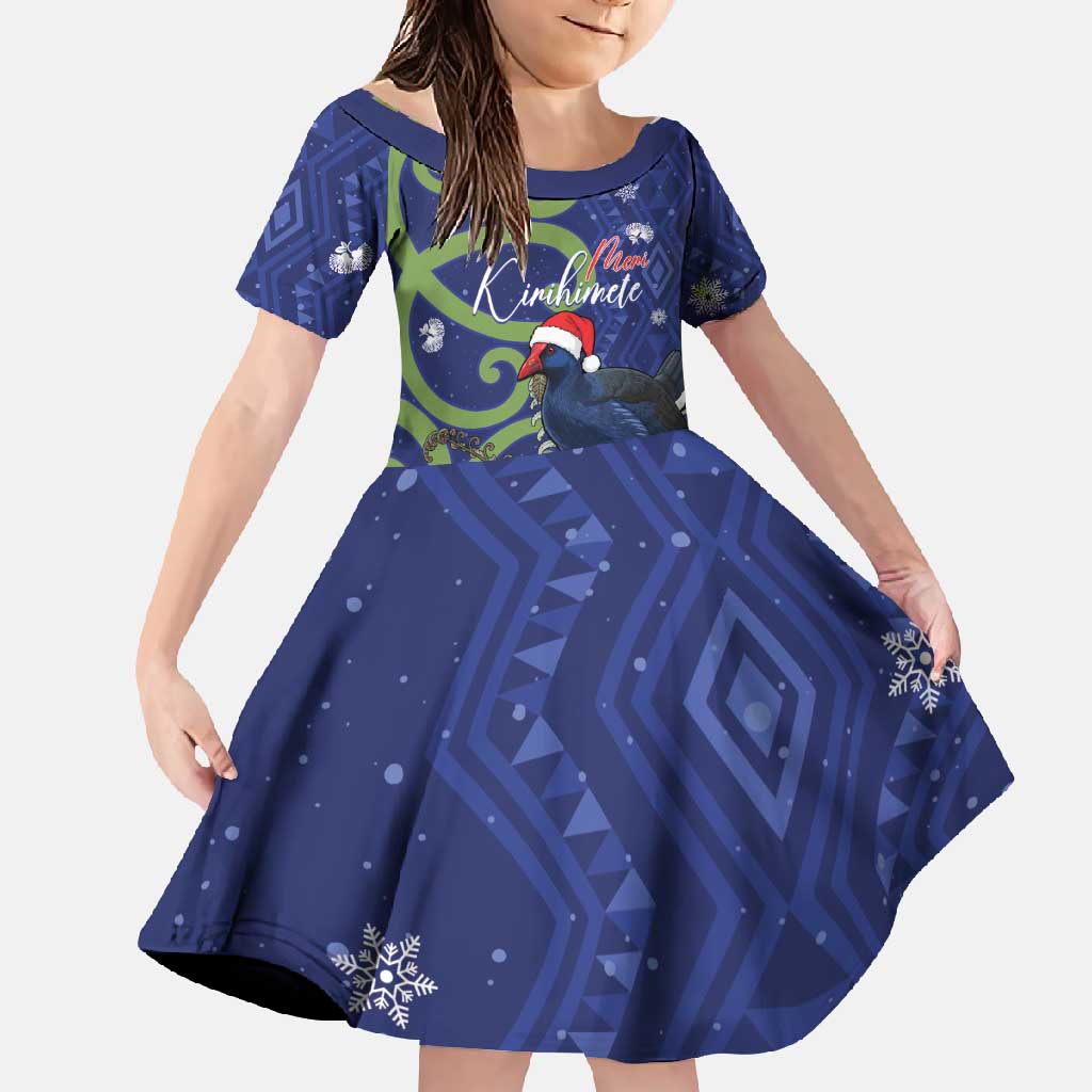 Personalized New Zealand Pukeko Christmas Family Matching Summer Maxi Dress and Hawaiian Shirt Meri Kirihimete Taniko Ponga Koru Blue LT14 Daughter's Dress Blue - Polynesian Pride