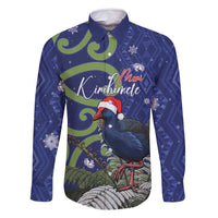 Personalized New Zealand Pukeko Christmas Family Matching Summer Maxi Dress and Hawaiian Shirt Meri Kirihimete Taniko Ponga Koru Blue LT14 Dad's Shirt - Long Sleeve Blue - Polynesian Pride