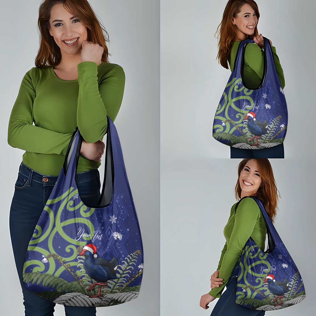 Personalized New Zealand Pukeko Christmas Grocery Bag Meri Kirihimete Taniko Ponga Koru Blue - Polynesian Pride