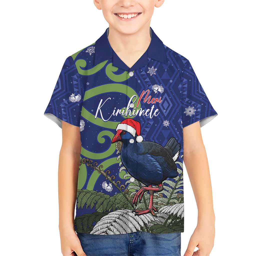 Personalized New Zealand Pukeko Christmas Kid Hawaiian Shirt Meri Kirihimete Taniko Ponga Koru Blue - Polynesian Pride