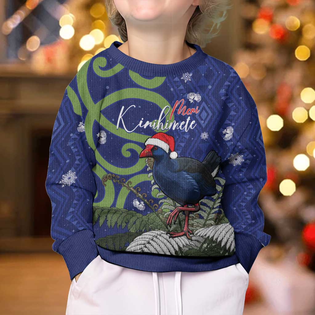 Personalized New Zealand Pukeko Christmas Kid Ugly Christmas Sweater Meri Kirihimete Taniko Ponga Koru Blue LT14 - Polynesian Pride