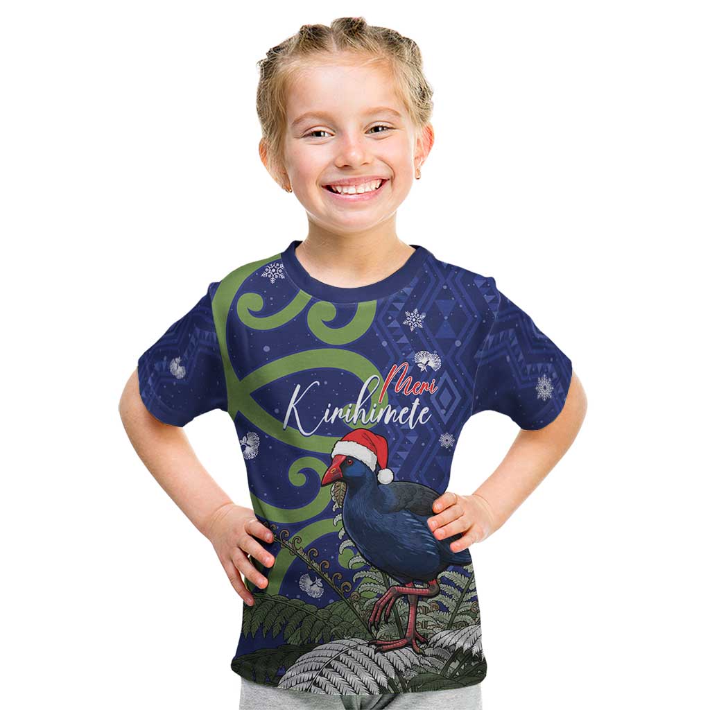 Personalized New Zealand Pukeko Christmas Kid T Shirt Meri Kirihimete Taniko Ponga Koru Blue - Polynesian Pride