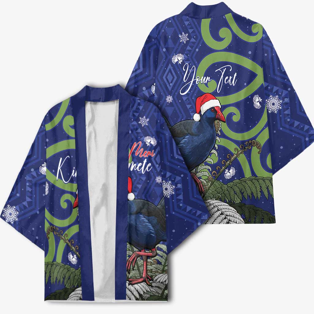 Personalized New Zealand Pukeko Christmas Kimono Meri Kirihimete Taniko Ponga Koru Blue - Polynesian Pride