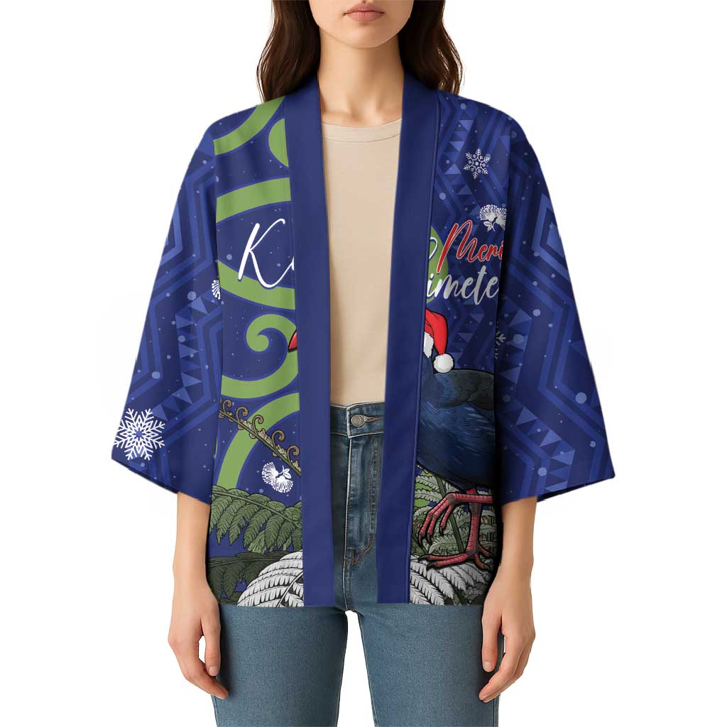 Personalized New Zealand Pukeko Christmas Kimono Meri Kirihimete Taniko Ponga Koru Blue - Polynesian Pride