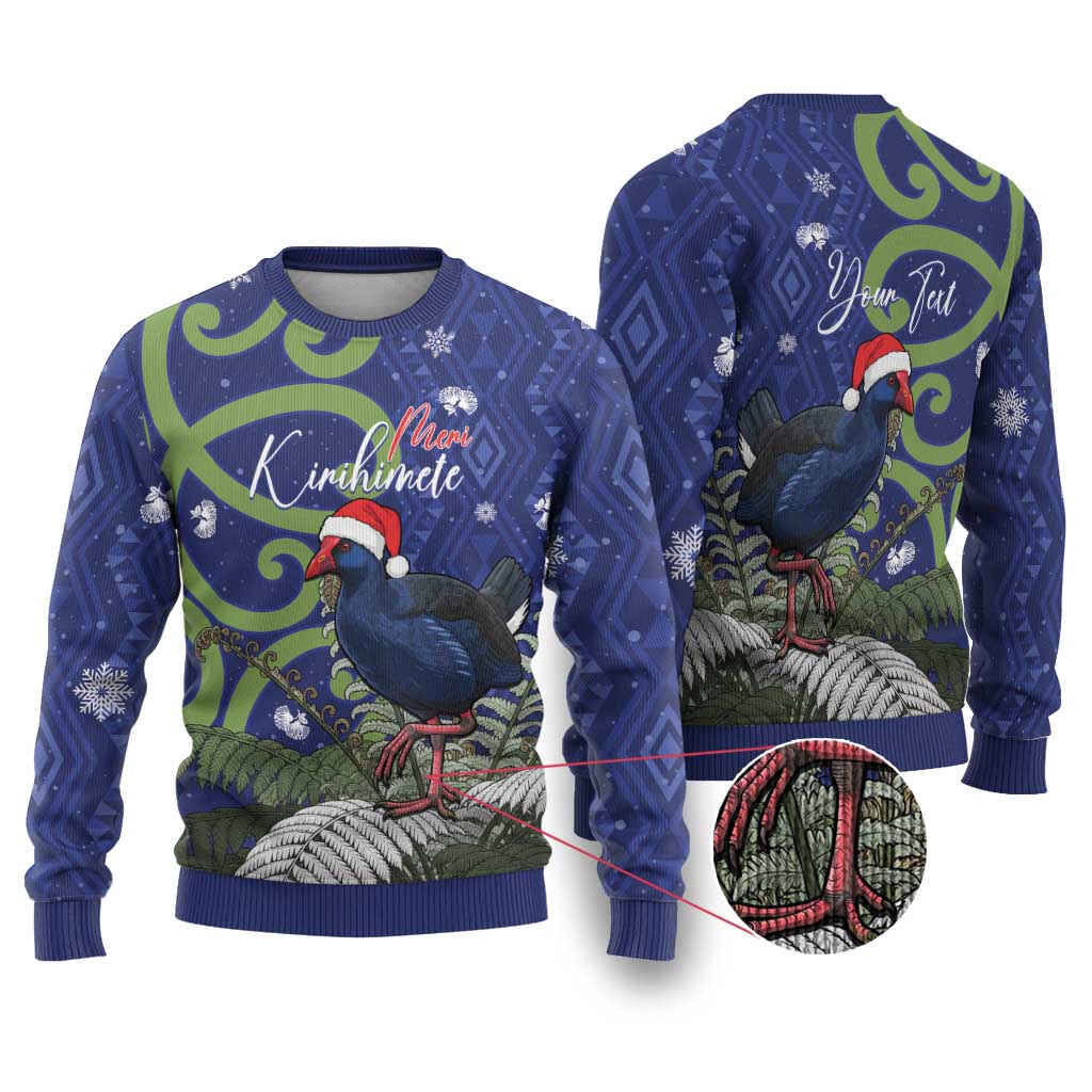 Personalized New Zealand Pukeko Christmas Ugly Christmas Sweater Meri Kirihimete Taniko Ponga Koru Blue LT14 Blue - Polynesian Pride