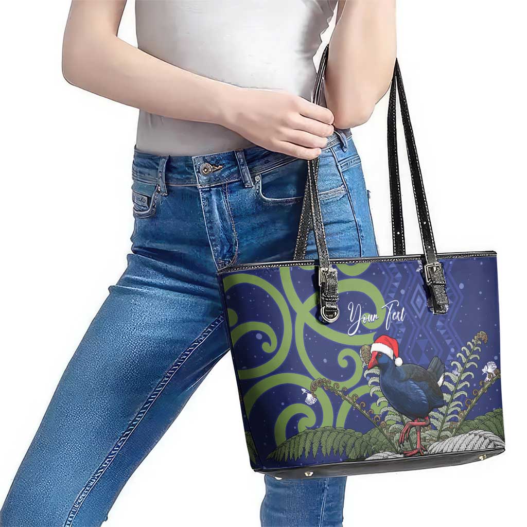 Personalized New Zealand Pukeko Christmas Leather Tote Bag Meri Kirihimete Taniko Ponga Koru Blue - Polynesian Pride