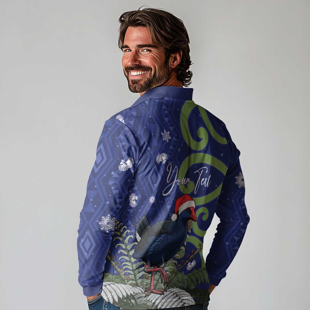 Personalized New Zealand Pukeko Christmas Long Sleeve Polo Shirt Meri Kirihimete Taniko Ponga Koru Blue LT14 - Polynesian Pride