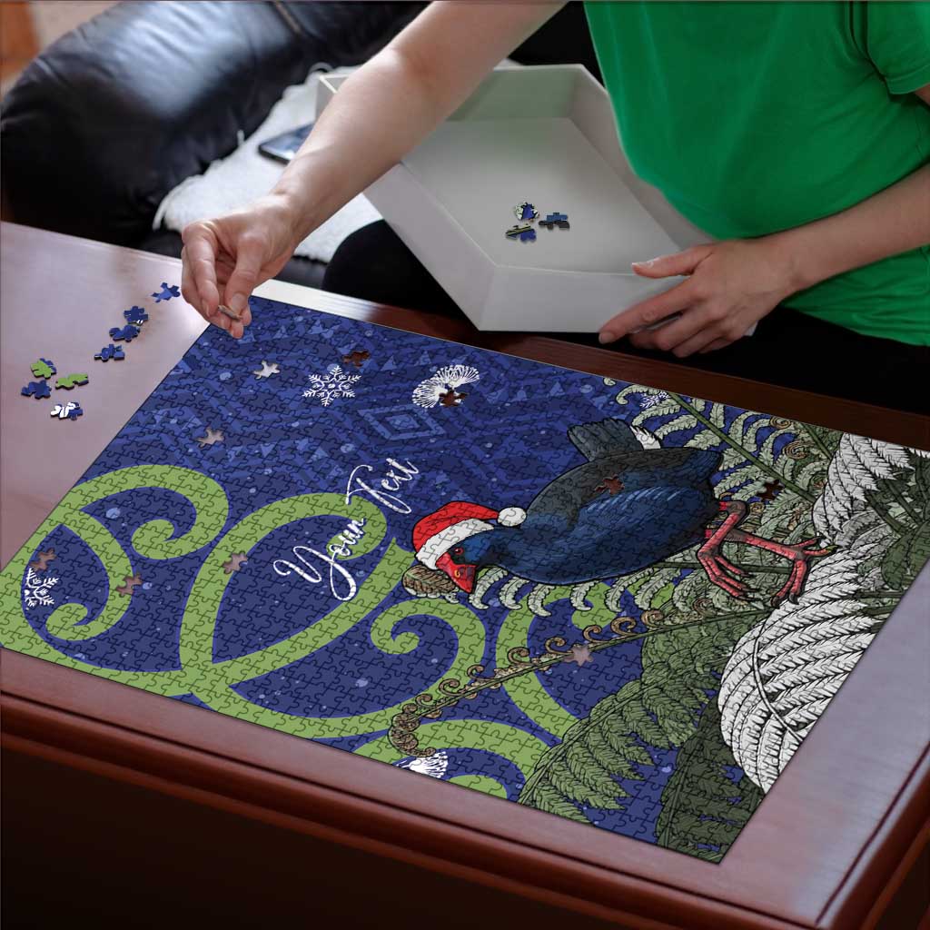 Personalized New Zealand Pukeko Christmas Puzzle Meri Kirihimete Taniko Ponga Koru Blue - Polynesian Pride