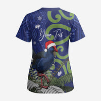 Personalized New Zealand Pukeko Christmas Scrub Top Meri Kirihimete Taniko Ponga Koru Blue - Polynesian Pride