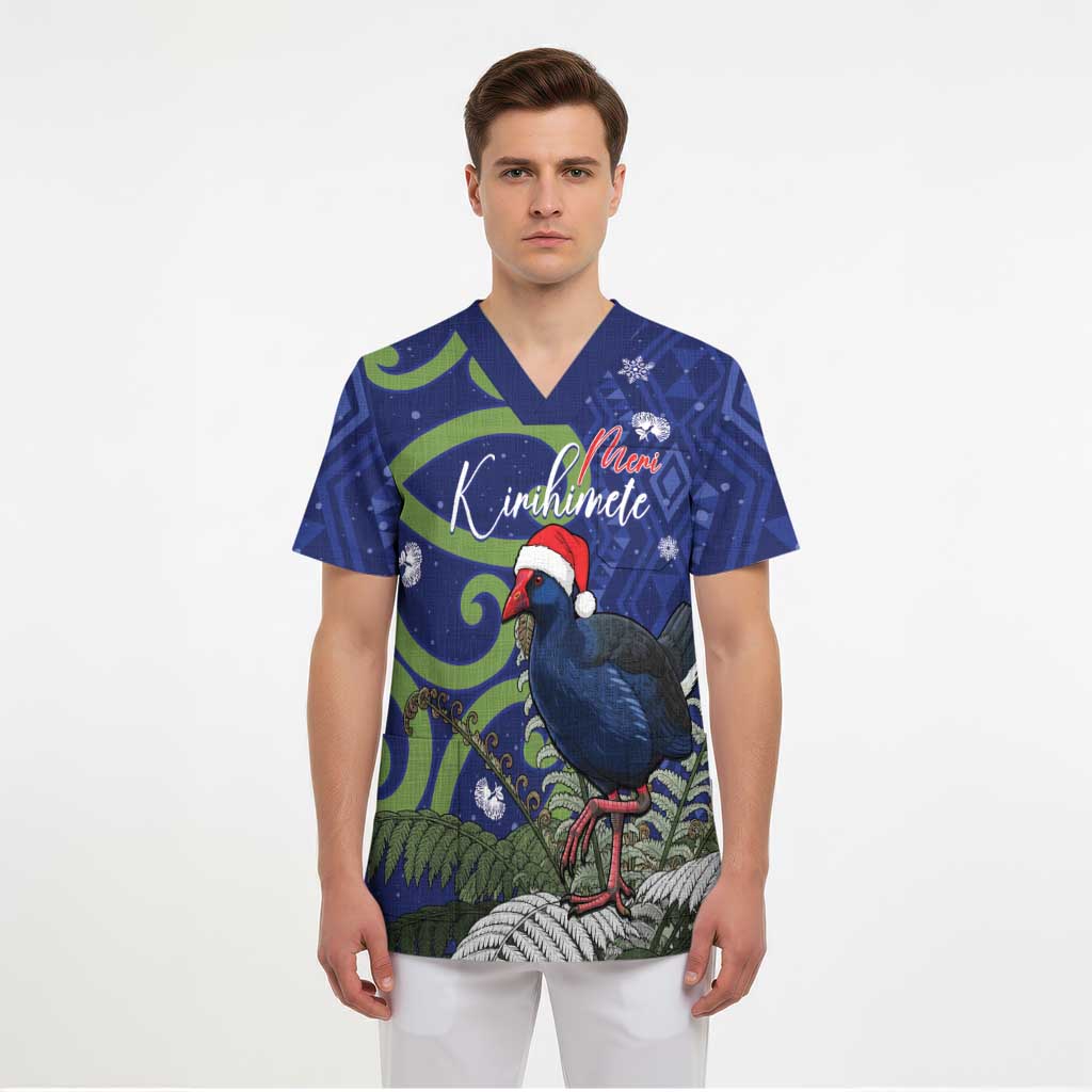 Personalized New Zealand Pukeko Christmas Scrub Top Meri Kirihimete Taniko Ponga Koru Blue - Polynesian Pride