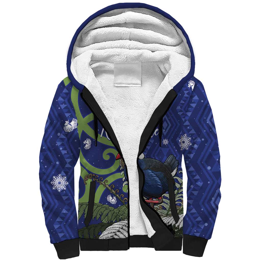 Personalized New Zealand Pukeko Christmas Sherpa Hoodie Meri Kirihimete Taniko Ponga Koru Blue LT14 Unisex Blue - Polynesian Pride