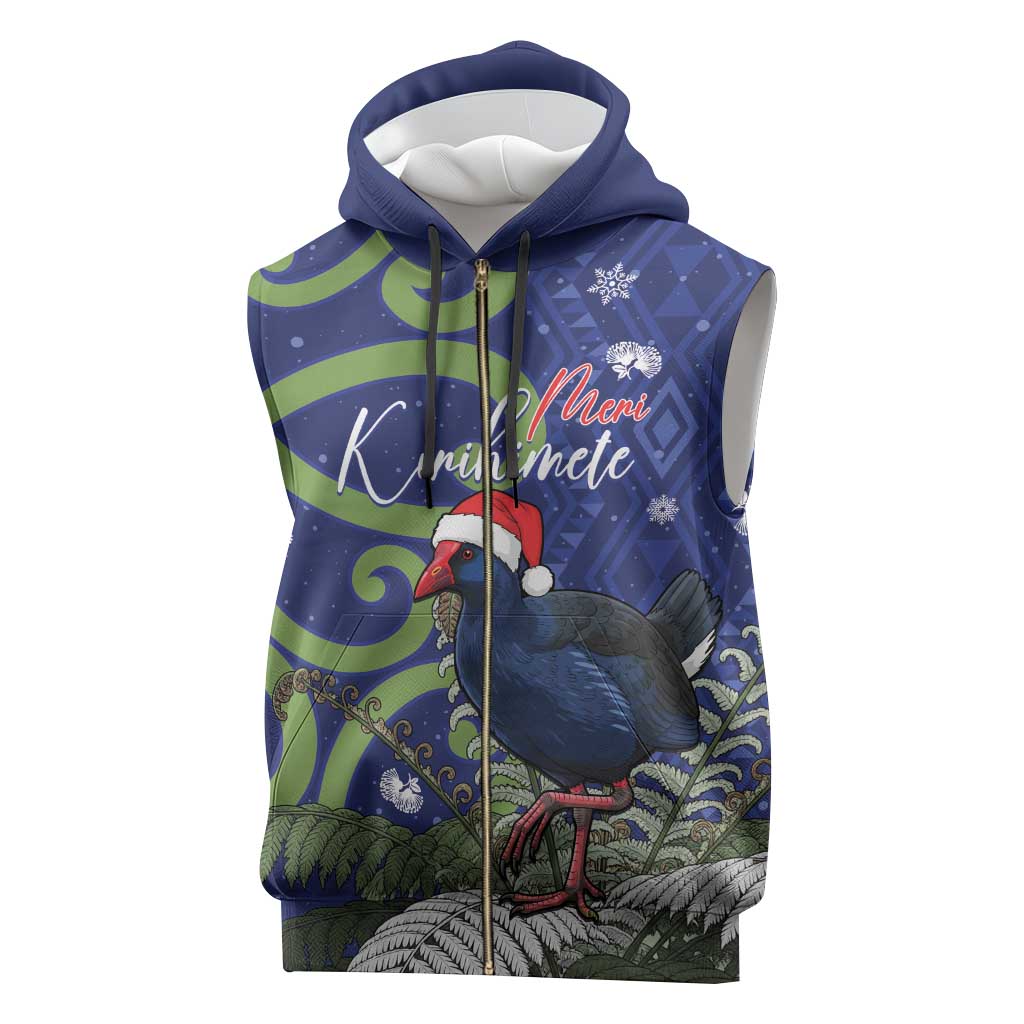 Personalized New Zealand Pukeko Christmas Sleeveless Zip Hoodie Meri Kirihimete Taniko Ponga Koru Blue - Polynesian Pride