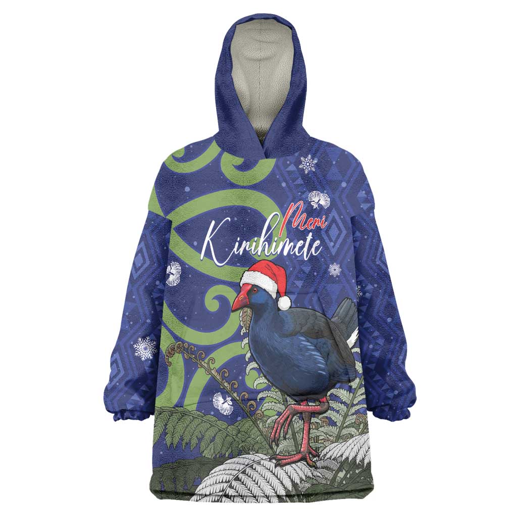 Personalized New Zealand Pukeko Christmas Wearable Blanket Hoodie Meri Kirihimete Taniko Ponga Koru Blue LT14 One Size Blue - Polynesian Pride