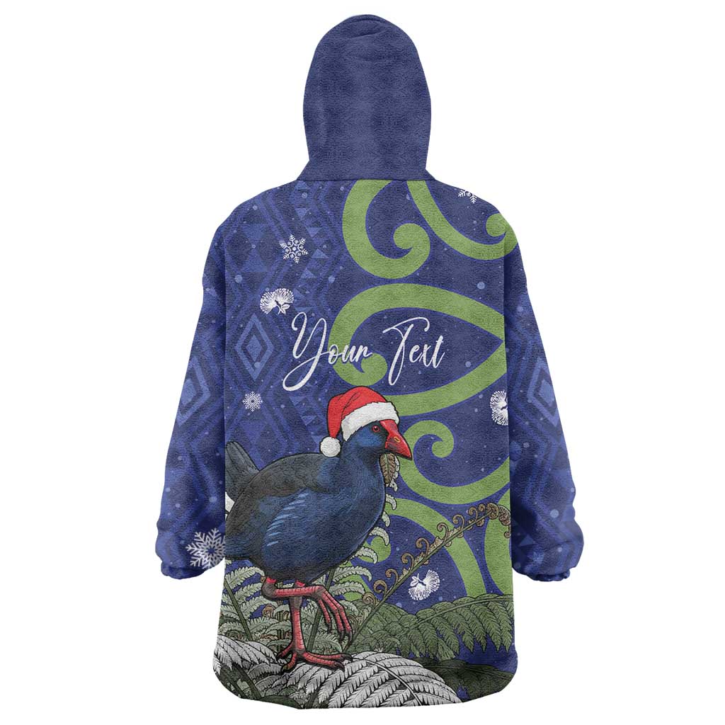 Personalized New Zealand Pukeko Christmas Wearable Blanket Hoodie Meri Kirihimete Taniko Ponga Koru Blue LT14 - Polynesian Pride