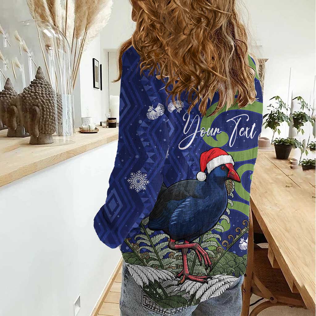Personalized New Zealand Pukeko Christmas Women Casual Shirt Meri Kirihimete Taniko Ponga Koru Blue LT14 - Polynesian Pride
