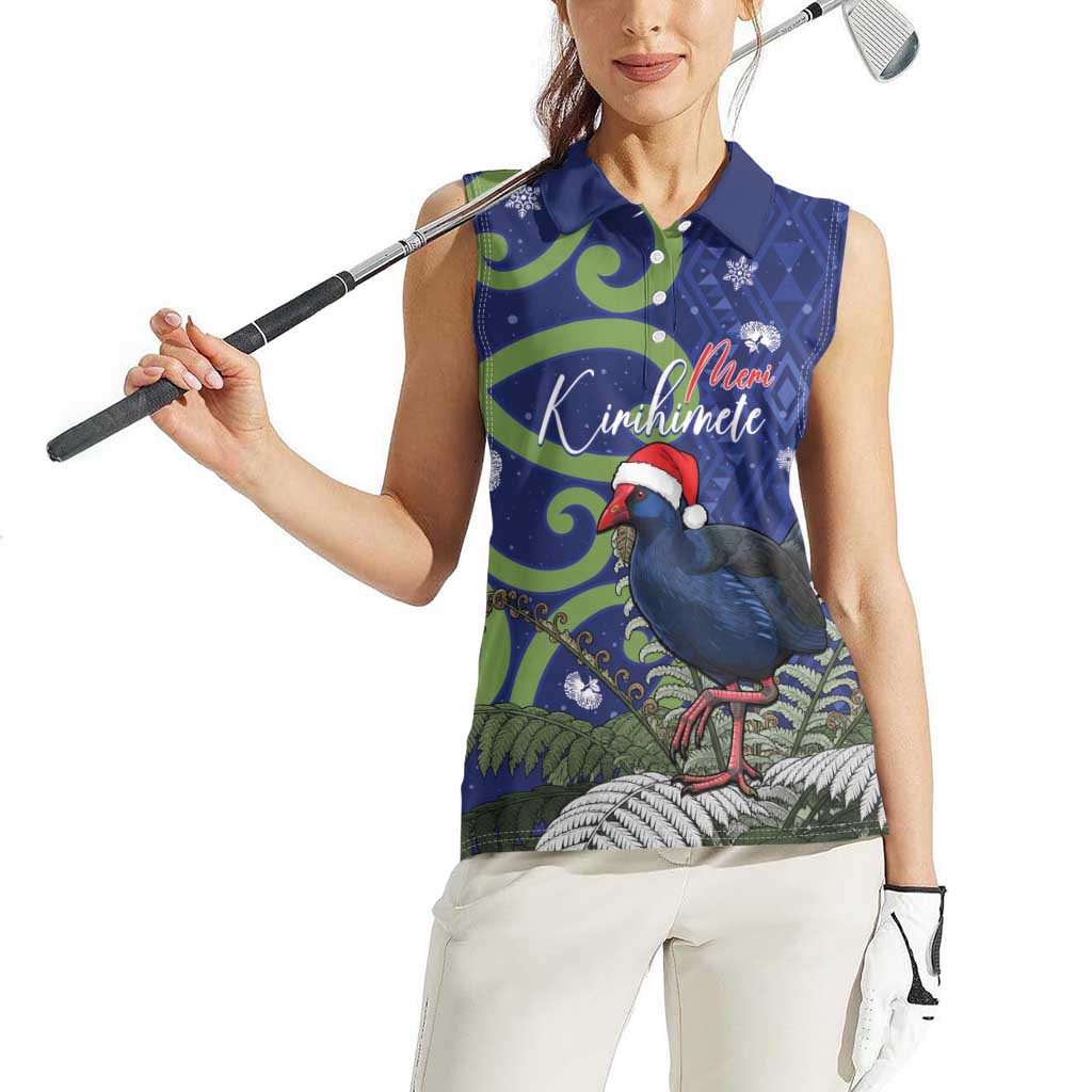 Personalized New Zealand Pukeko Christmas Women Sleeveless Polo Shirt Meri Kirihimete Taniko Ponga Koru Blue - Polynesian Pride