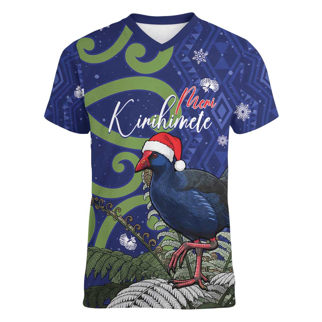 Personalized New Zealand Pukeko Christmas Women V-Neck T-Shirt Meri Kirihimete Taniko Ponga Koru Blue - Polynesian Pride