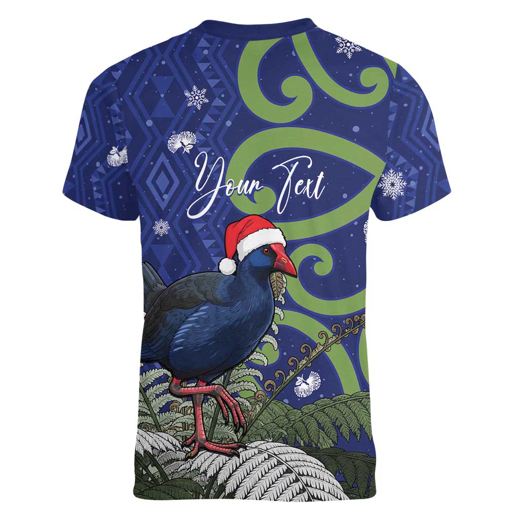 Personalized New Zealand Pukeko Christmas Women V-Neck T-Shirt Meri Kirihimete Taniko Ponga Koru Blue - Polynesian Pride