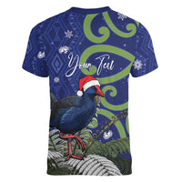 Personalized New Zealand Pukeko Christmas Women V-Neck T-Shirt Meri Kirihimete Taniko Ponga Koru Blue - Polynesian Pride