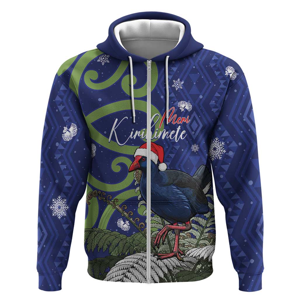 Personalized New Zealand Pukeko Christmas Zip Hoodie Meri Kirihimete Taniko Ponga Koru Blue - Polynesian Pride