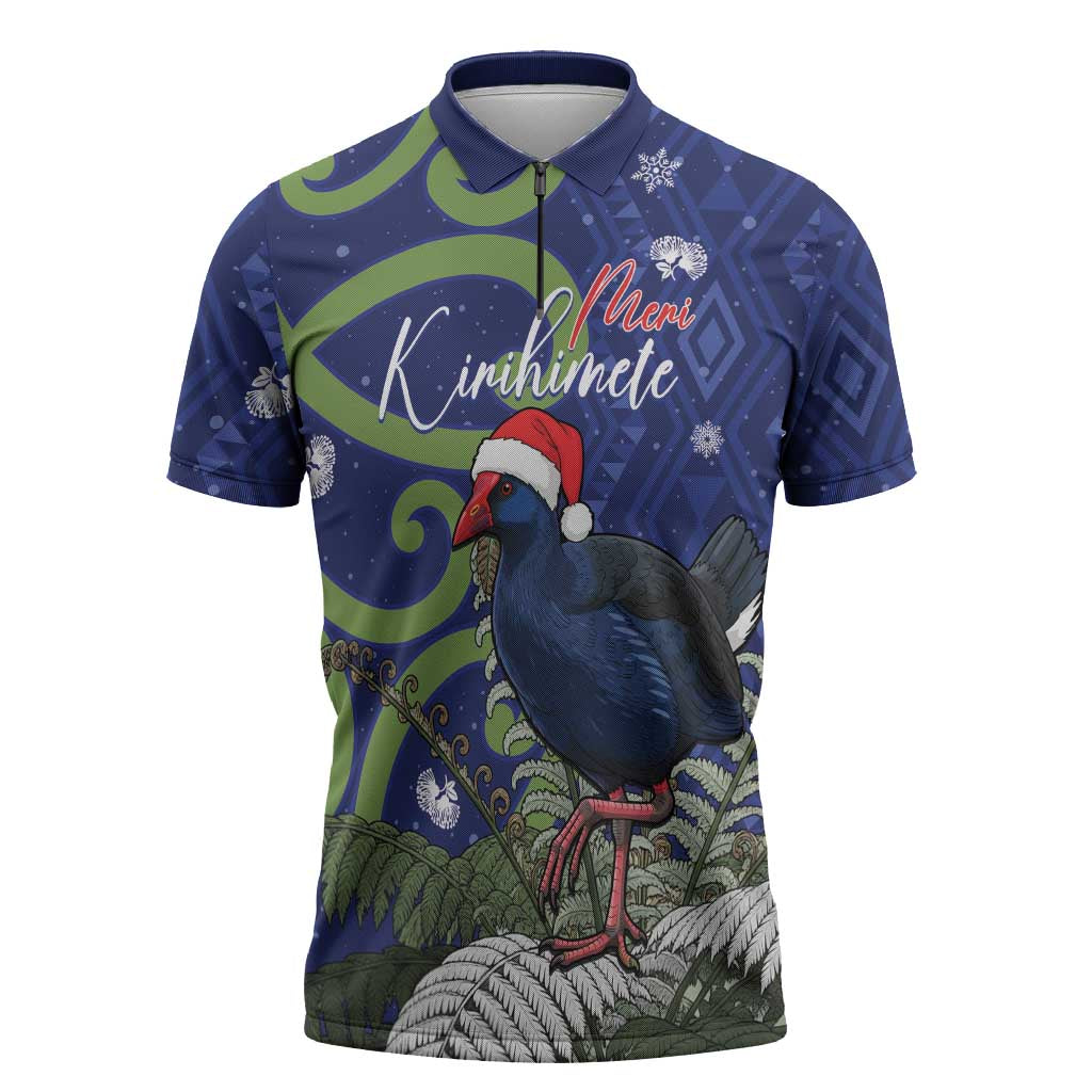 Personalized New Zealand Pukeko Christmas Zipper Polo Shirt Meri Kirihimete Taniko Ponga Koru Blue - Polynesian Pride