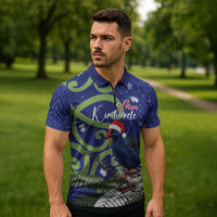 Personalized New Zealand Pukeko Christmas Zipper Polo Shirt Meri Kirihimete Taniko Ponga Koru Blue - Polynesian Pride
