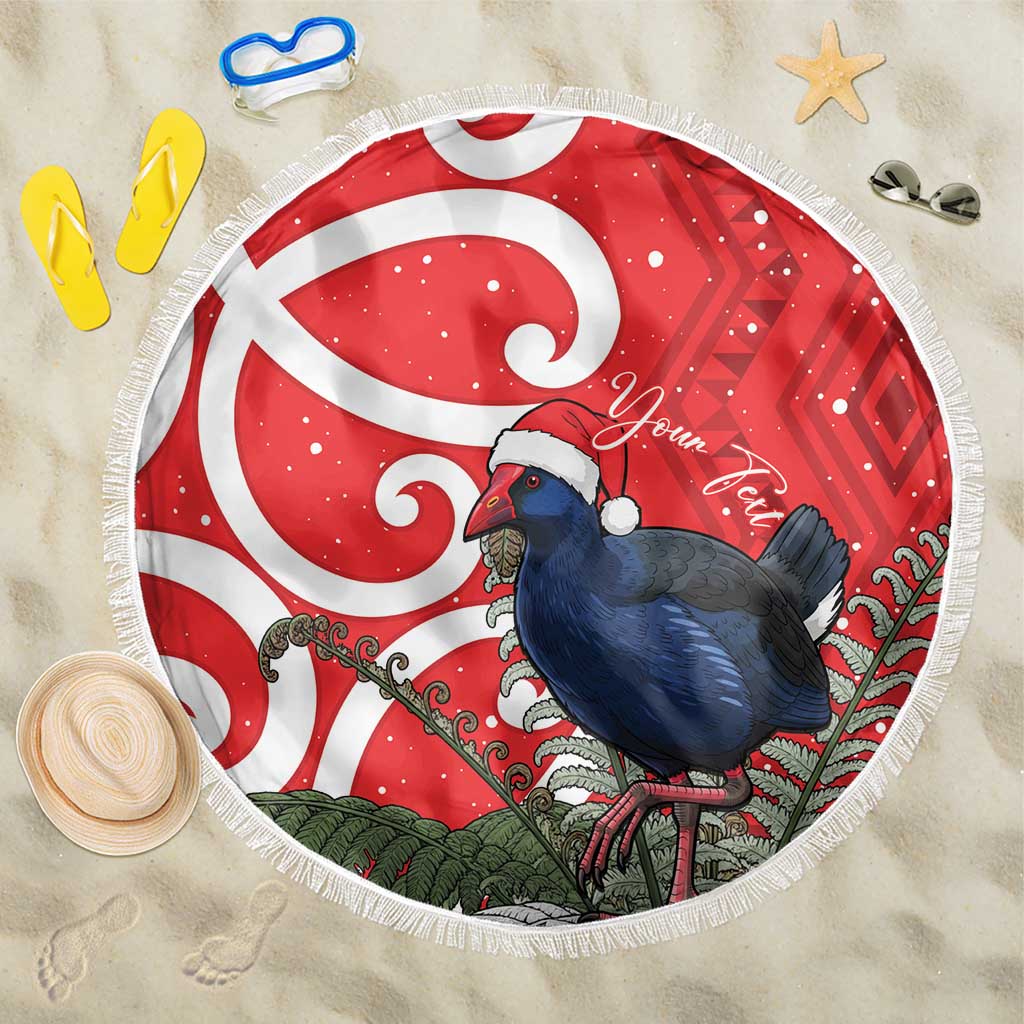 Personalized New Zealand Pukeko Christmas Beach Blanket Meri Kirihimete Taniko Ponga Koru Red - Polynesian Pride