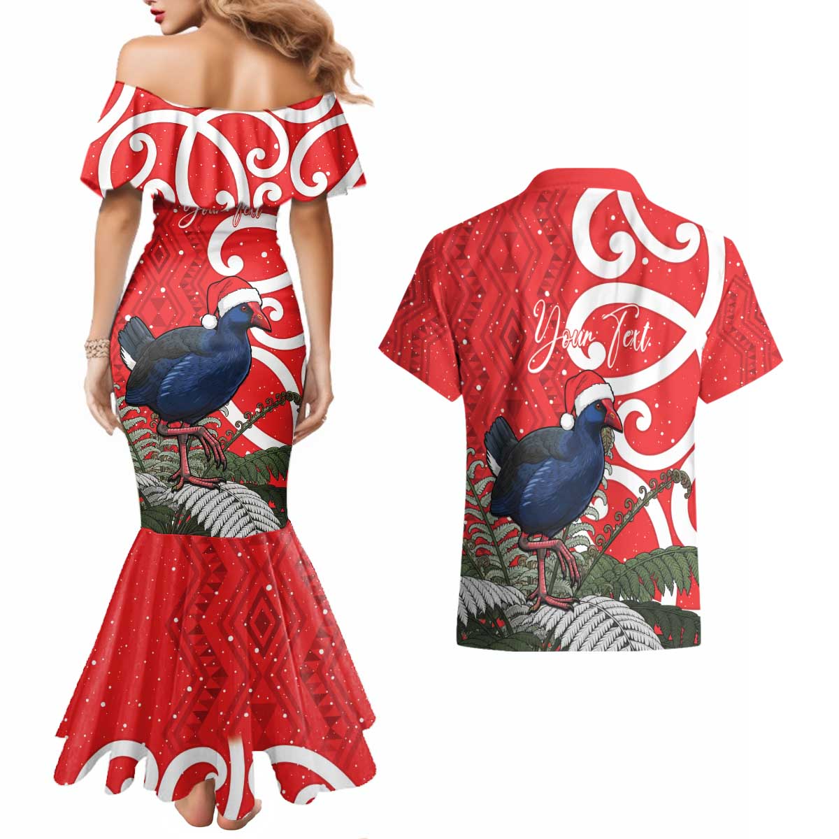 Personalized New Zealand Pukeko Christmas Couples Matching Mermaid Dress and Hawaiian Shirt Meri Kirihimete Taniko Ponga Koru Red - Polynesian Pride