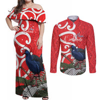 Personalized New Zealand Pukeko Christmas Couples Matching Off Shoulder Maxi Dress and Long Sleeve Button Shirt Meri Kirihimete Taniko Ponga Koru Red - Polynesian Pride