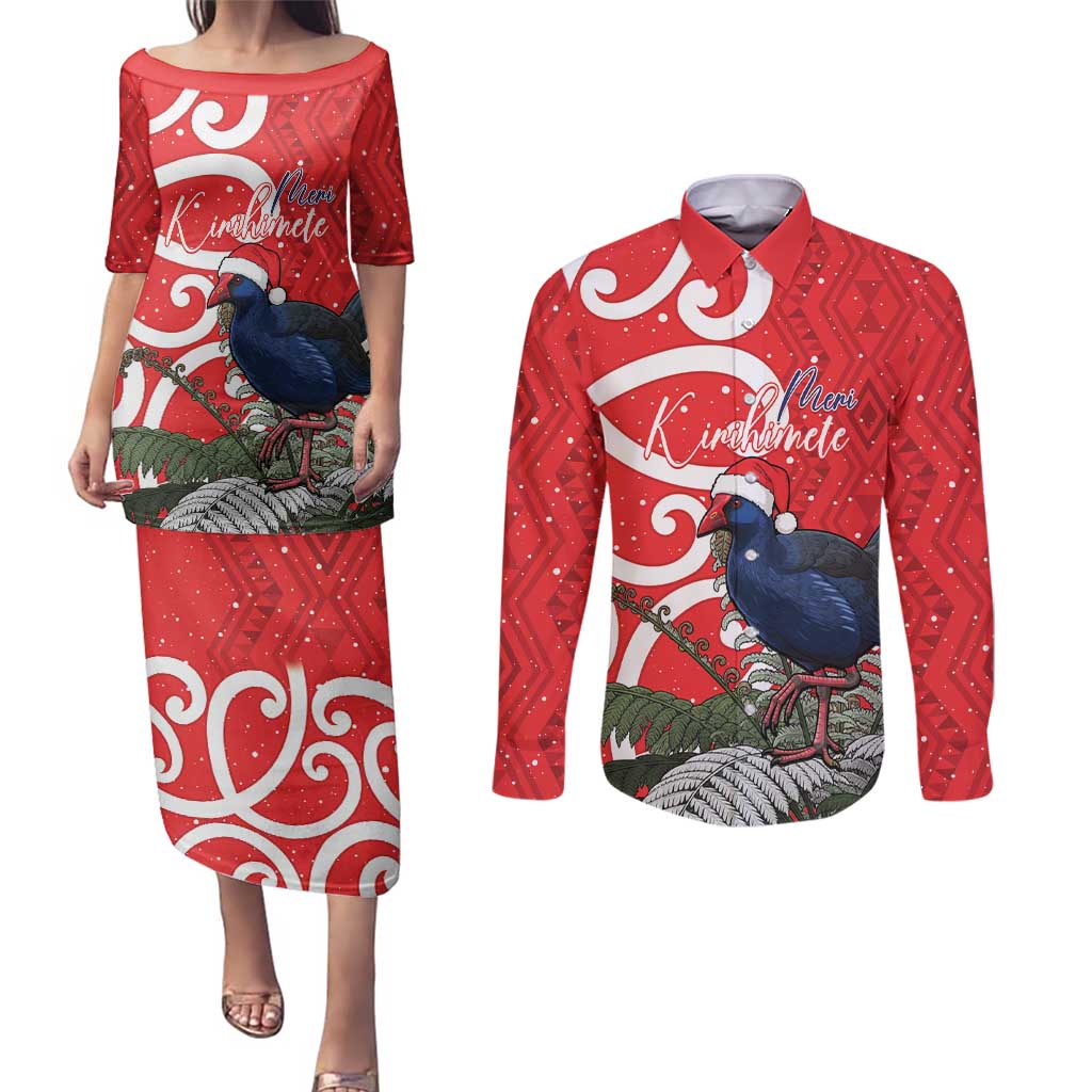 Personalized New Zealand Pukeko Christmas Couples Matching Puletasi and Long Sleeve Button Shirt Meri Kirihimete Taniko Ponga Koru Red - Polynesian Pride
