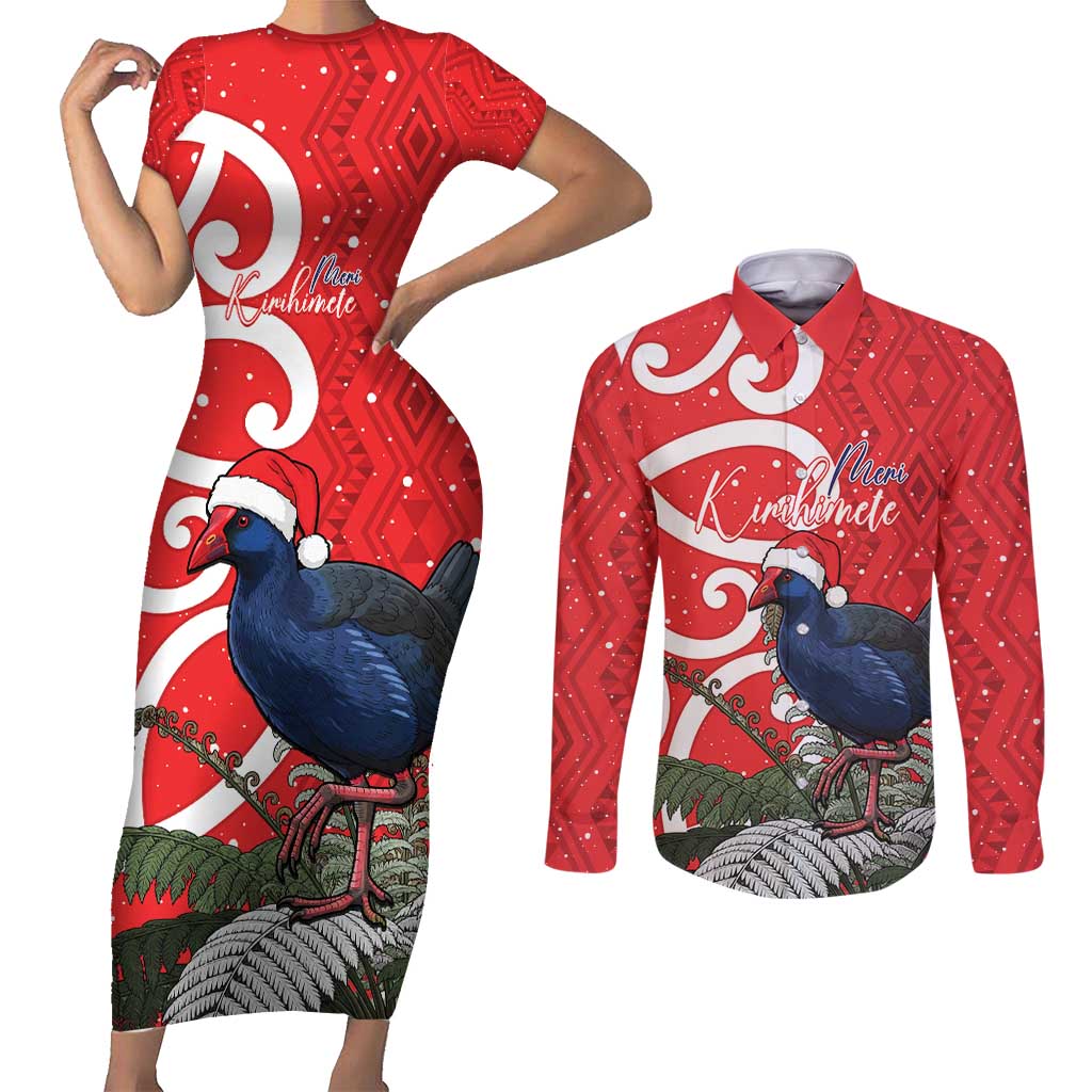 Personalized New Zealand Pukeko Christmas Couples Matching Short Sleeve Bodycon Dress and Long Sleeve Button Shirt Meri Kirihimete Taniko Ponga Koru Red - Polynesian Pride