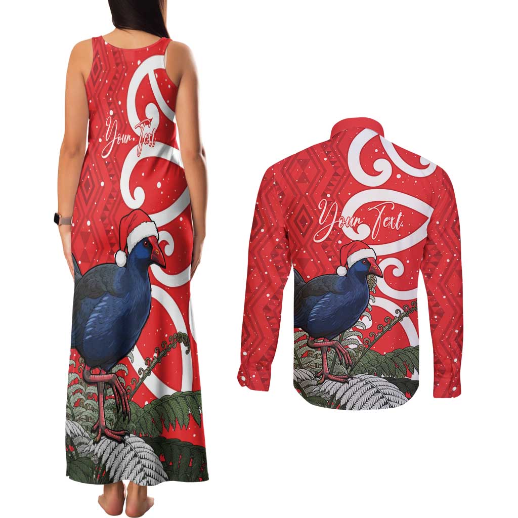 Personalized New Zealand Pukeko Christmas Couples Matching Tank Maxi Dress and Long Sleeve Button Shirt Meri Kirihimete Taniko Ponga Koru Red - Polynesian Pride