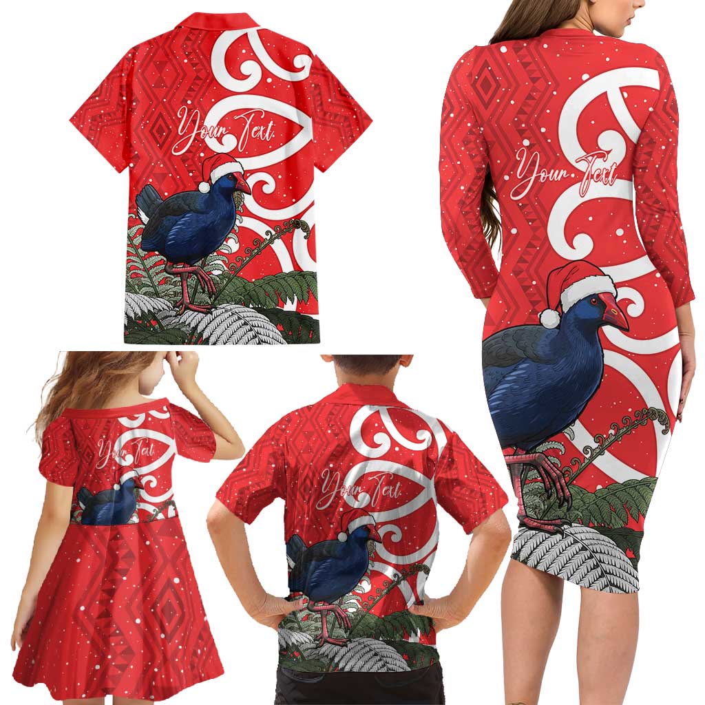 Personalized New Zealand Pukeko Christmas Family Matching Long Sleeve Bodycon Dress and Hawaiian Shirt Meri Kirihimete Taniko Ponga Koru Red - Polynesian Pride