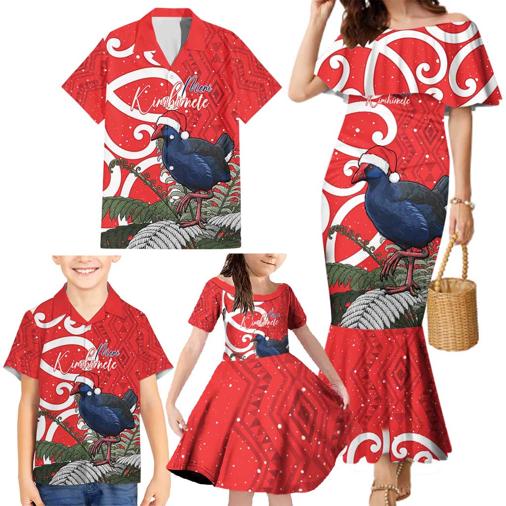 Personalized New Zealand Pukeko Christmas Family Matching Mermaid Dress and Hawaiian Shirt Meri Kirihimete Taniko Ponga Koru Red - Polynesian Pride