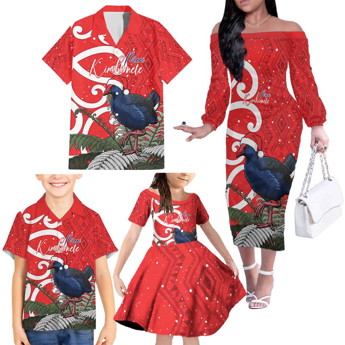 Personalized New Zealand Pukeko Christmas Family Matching Off The Shoulder Long Sleeve Dress and Hawaiian Shirt Meri Kirihimete Taniko Ponga Koru Red - Polynesian Pride