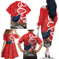 Personalized New Zealand Pukeko Christmas Family Matching Off The Shoulder Long Sleeve Dress and Hawaiian Shirt Meri Kirihimete Taniko Ponga Koru Red - Polynesian Pride