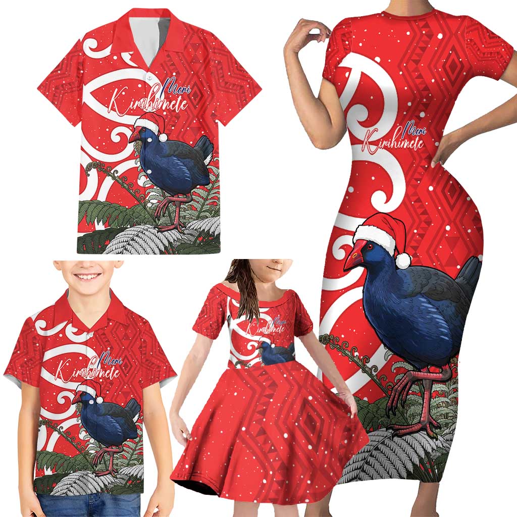 Personalized New Zealand Pukeko Christmas Family Matching Short Sleeve Bodycon Dress and Hawaiian Shirt Meri Kirihimete Taniko Ponga Koru Red - Polynesian Pride