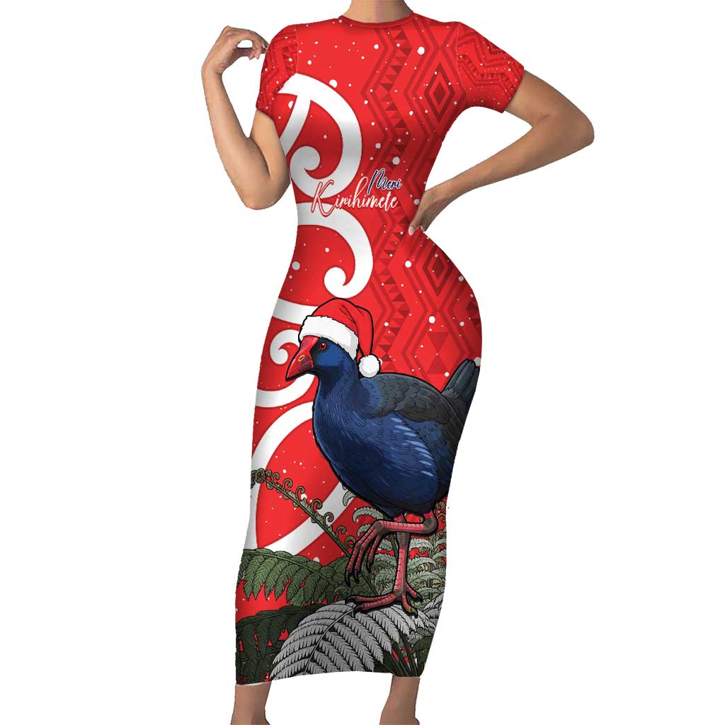Personalized New Zealand Pukeko Christmas Family Matching Short Sleeve Bodycon Dress and Hawaiian Shirt Meri Kirihimete Taniko Ponga Koru Red - Polynesian Pride