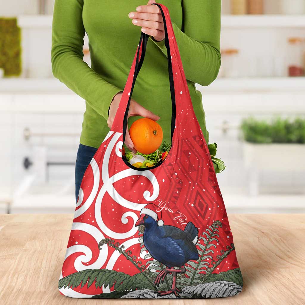 Personalized New Zealand Pukeko Christmas Grocery Bag Meri Kirihimete Taniko Ponga Koru Red - Polynesian Pride