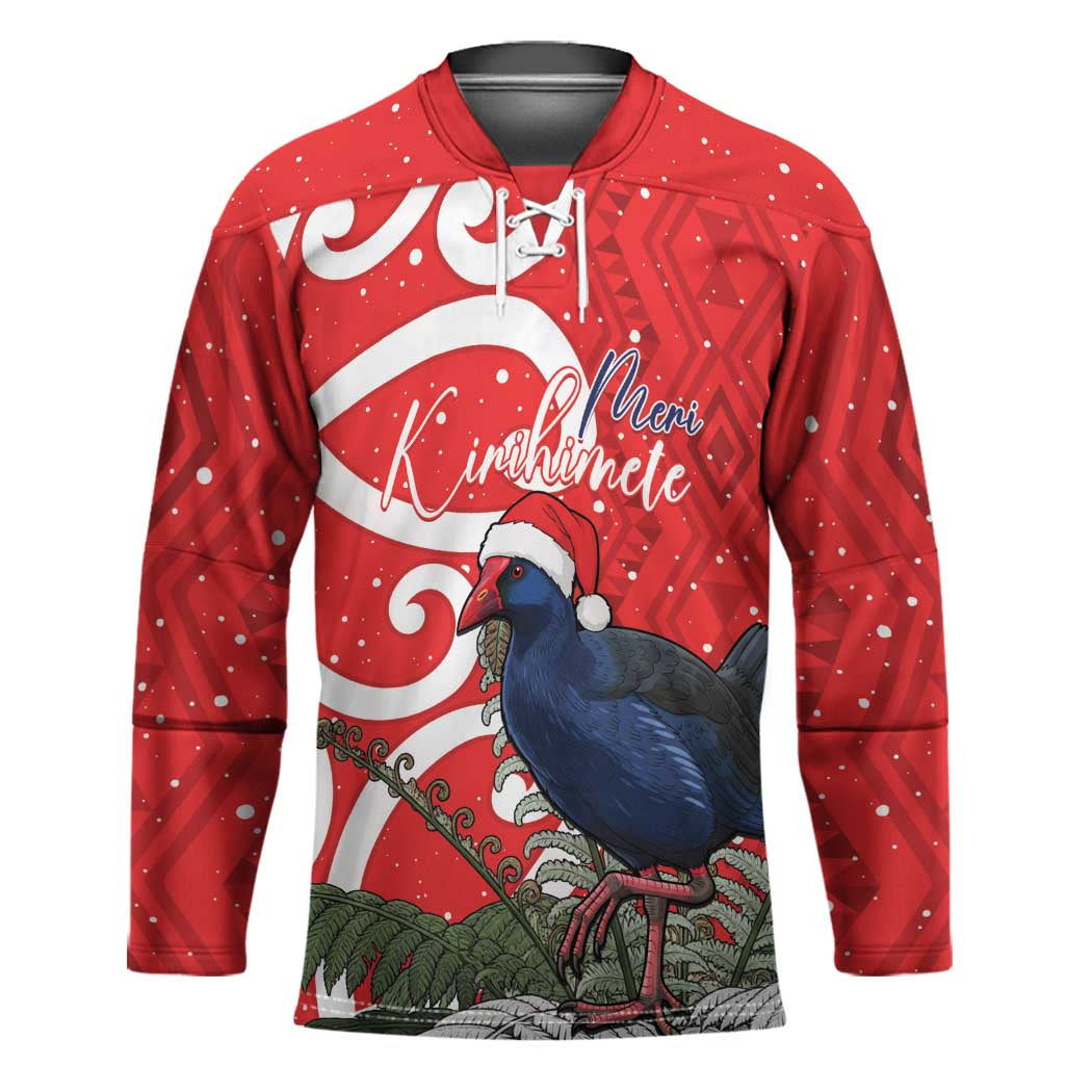 Personalized New Zealand Pukeko Christmas Hockey Jersey Meri Kirihimete Taniko Ponga Koru Red LT14 Unisex Red - Polynesian Pride