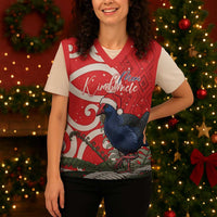 Personalized New Zealand Pukeko Christmas Knitted V-Neck Vest Meri Kirihimete Taniko Ponga Koru Red - Polynesian Pride