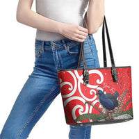 Personalized New Zealand Pukeko Christmas Leather Tote Bag Meri Kirihimete Taniko Ponga Koru Red - Polynesian Pride