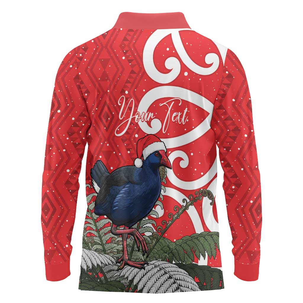 Personalized New Zealand Pukeko Christmas Long Sleeve Polo Shirt Meri Kirihimete Taniko Ponga Koru Red - Polynesian Pride