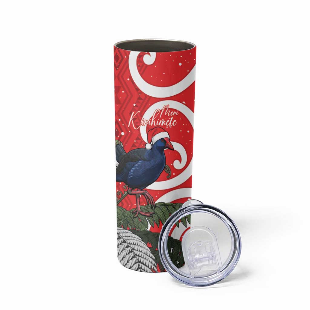 Personalized New Zealand Pukeko Christmas Skinny Tumbler Meri Kirihimete Taniko Ponga Koru Red - Polynesian Pride