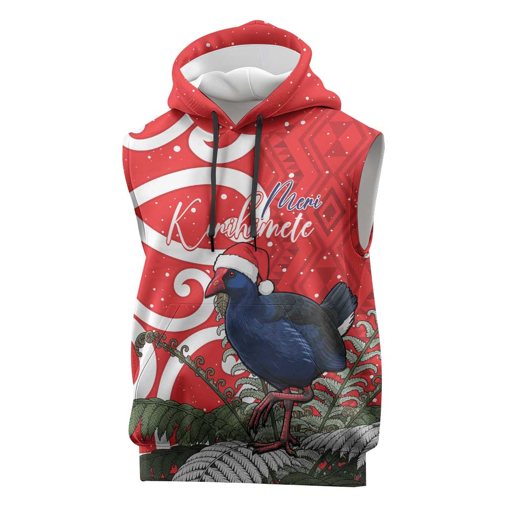 Personalized New Zealand Pukeko Christmas Sleeveless Hoodie Meri Kirihimete Taniko Ponga Koru Red - Polynesian Pride